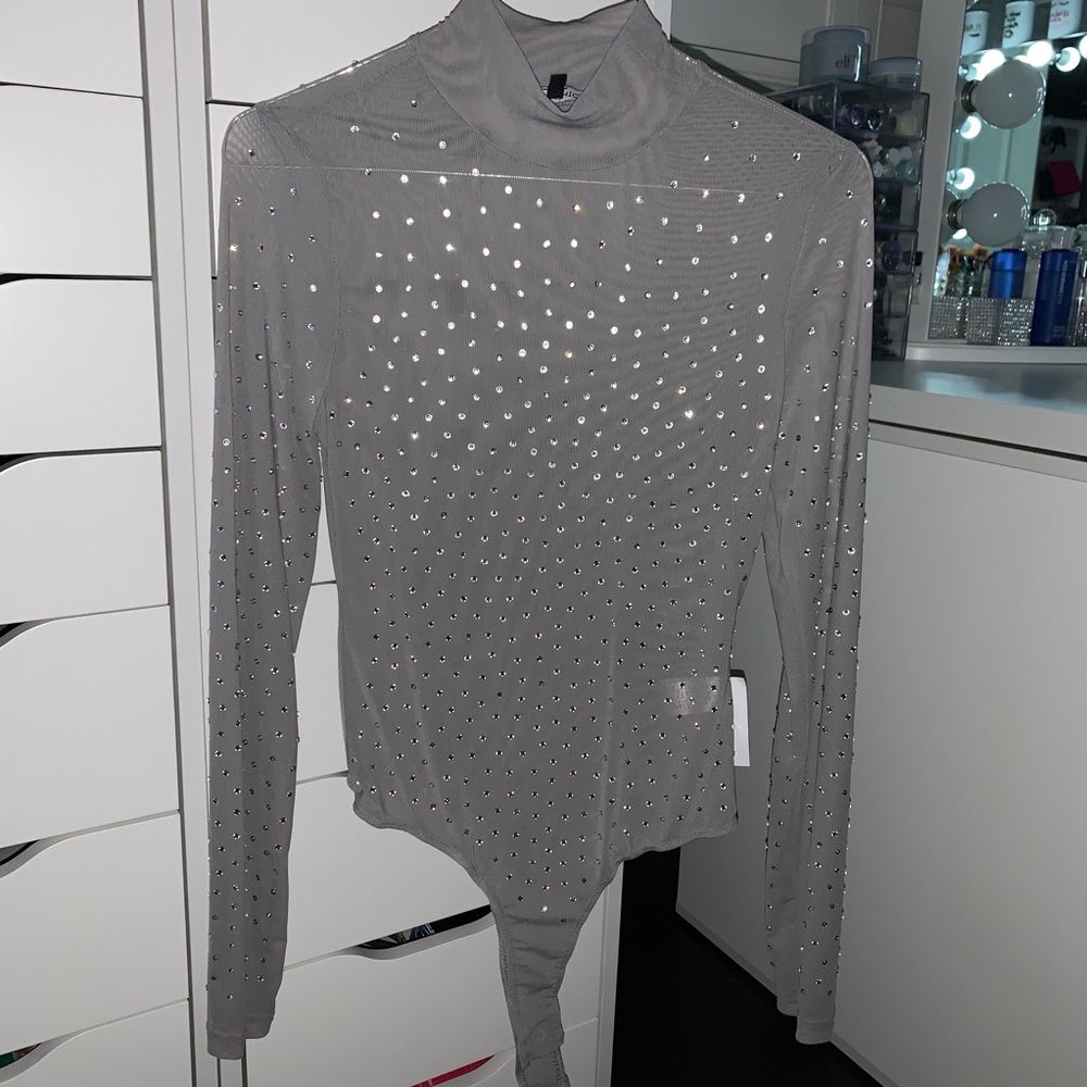 Long Sleeve Sheer Mesh Bodysuit with Rhinestones
